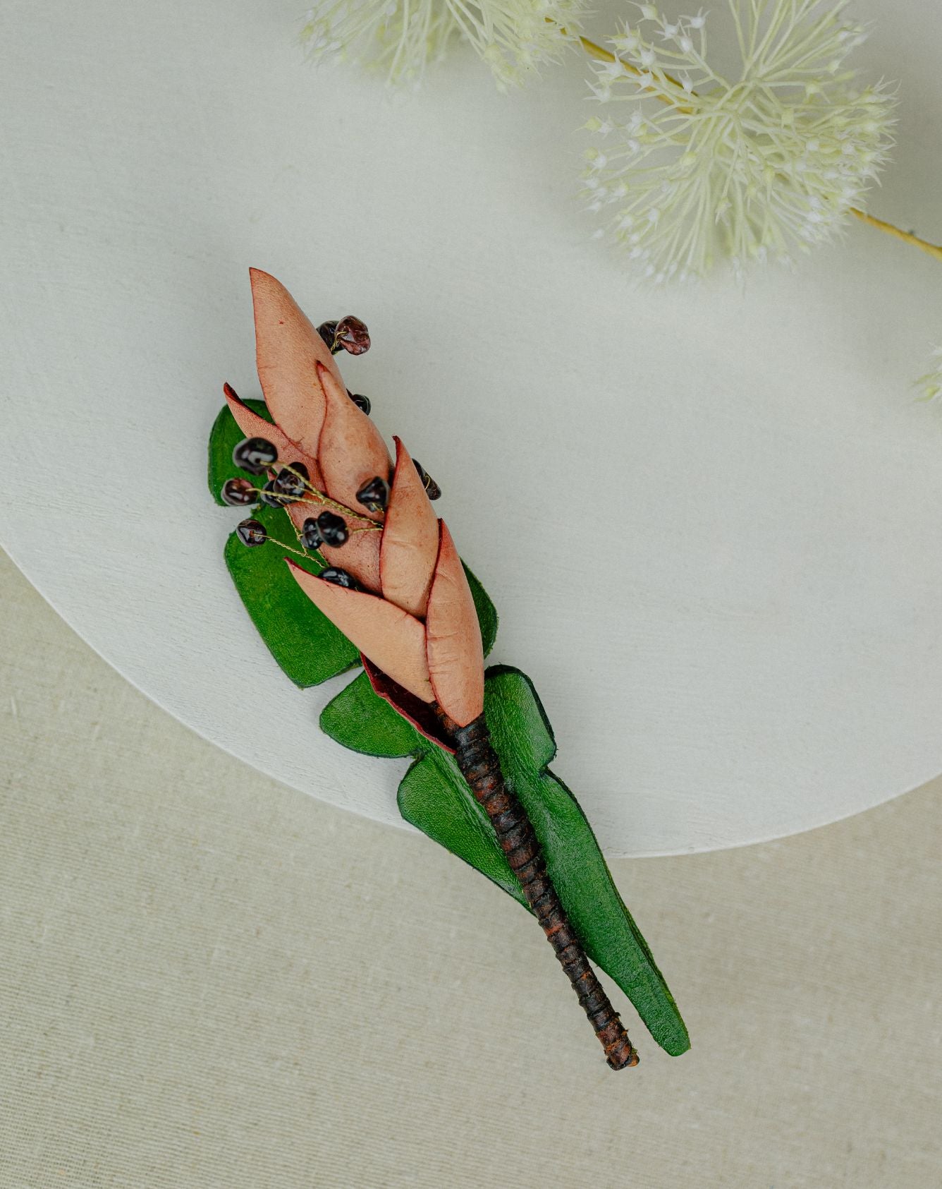 Botanical Spray Leather Brooch — Salmon & Green