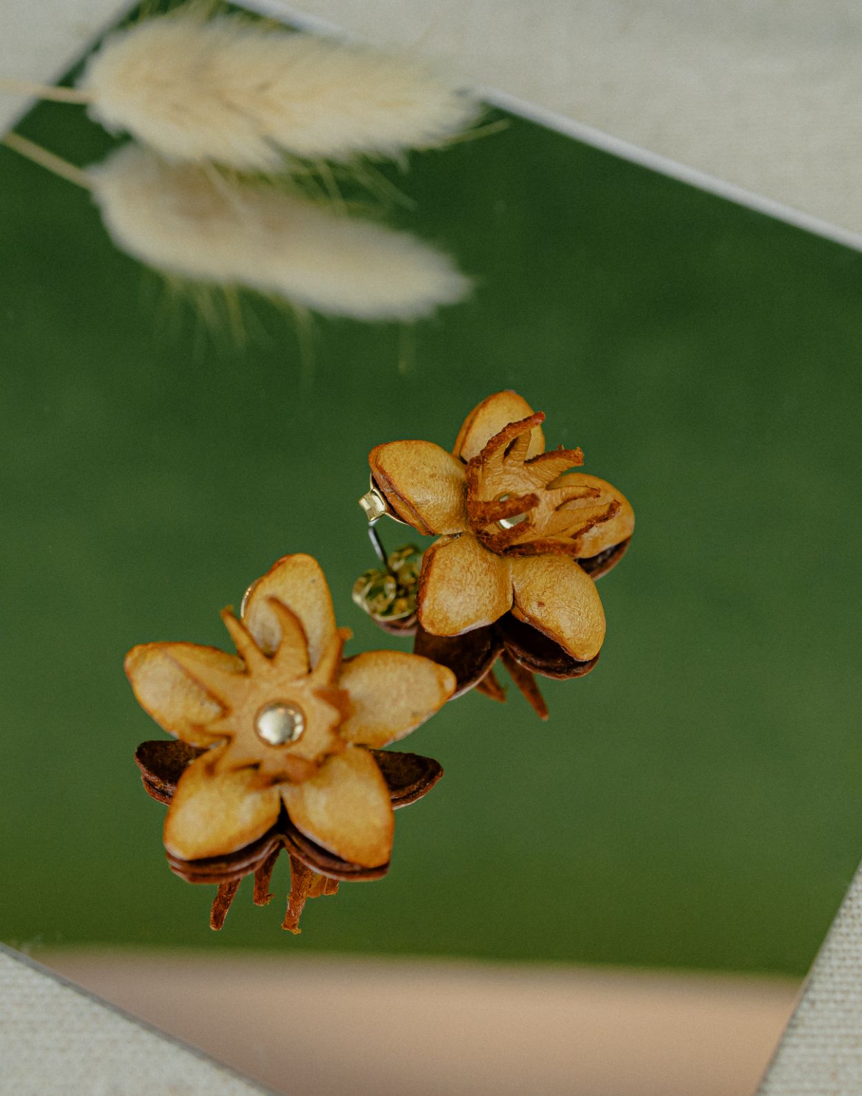 Field Flower Leather Stud Earrings — Caramel (Photo 2)