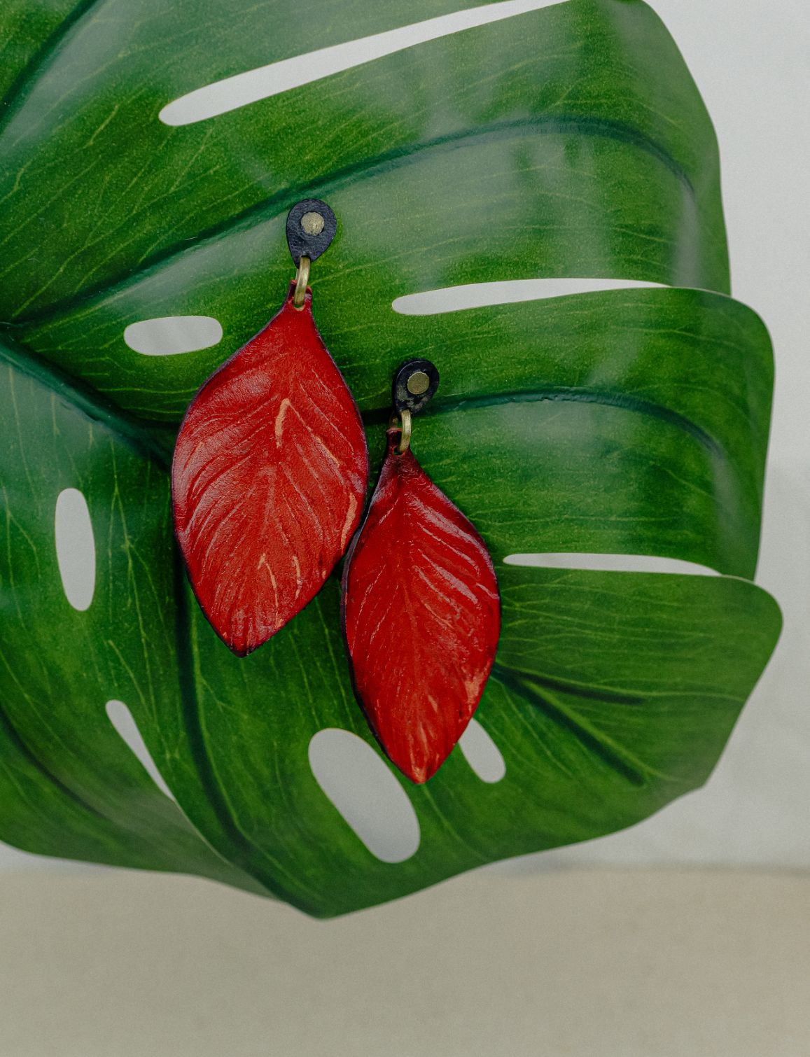 Painted Leaf Leather Drop Earrings — Red