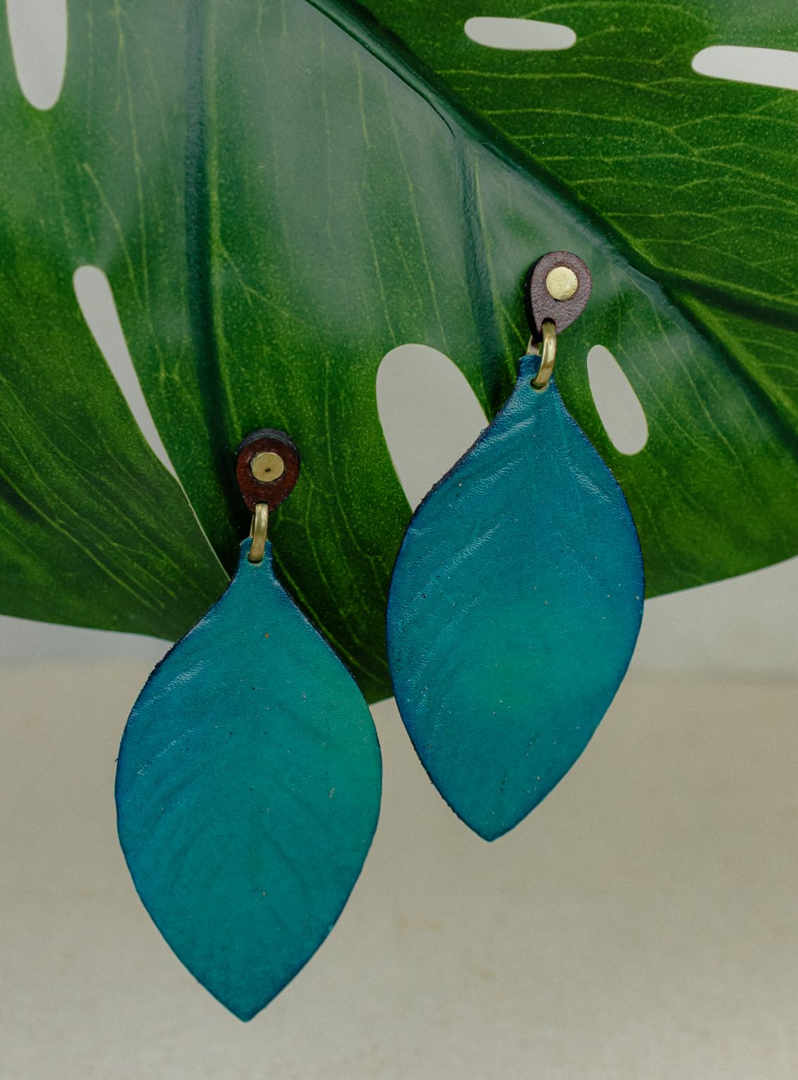 Painted Leaf Leather Drop Earrings — Teal