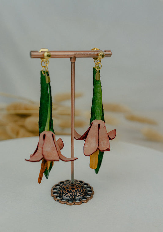 Tropical Lily Leather Drop Earrings — Green, Rose & Amber