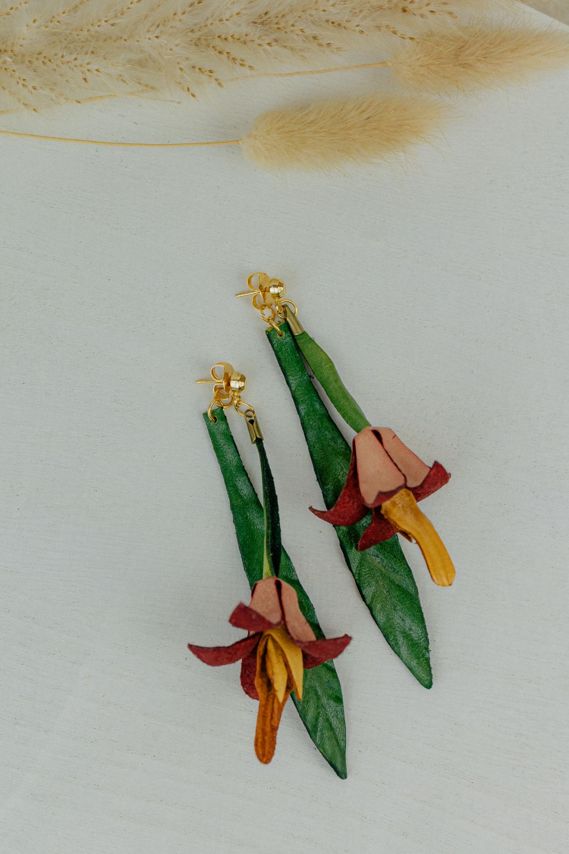 Tropical Lily Leather Drop Earrings — Green, Rose & Amber