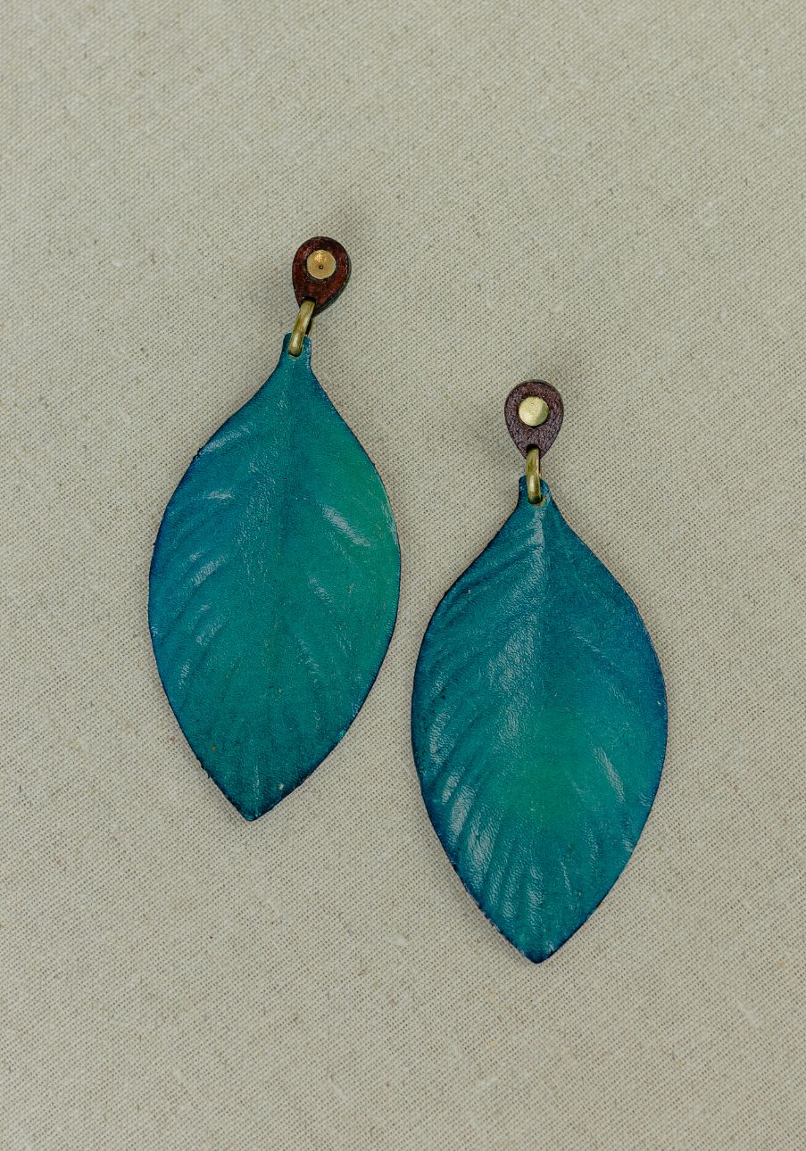 Painted Leaf Leather Drop Earrings — Teal