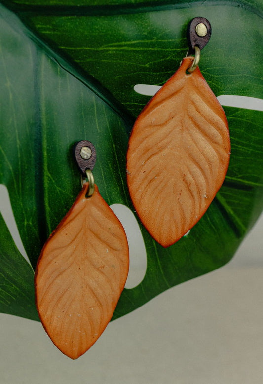 Painted Leaf Leather Drop Earrings — Peach