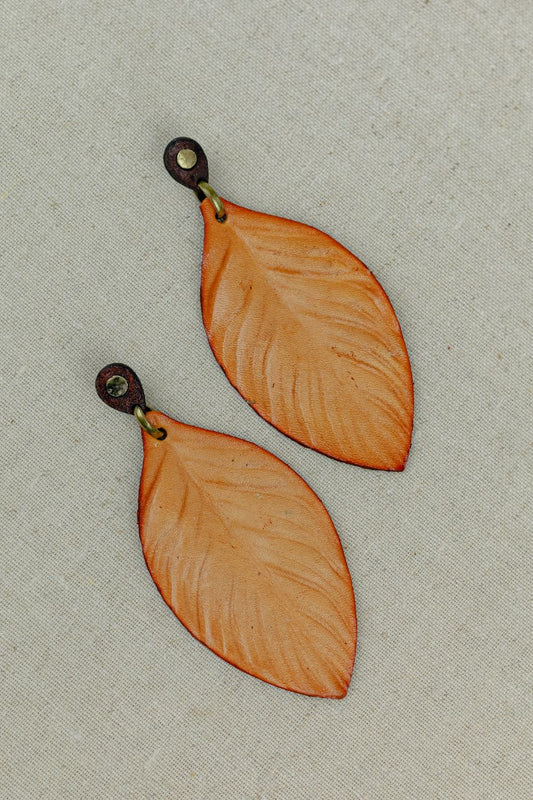 Painted Leaf Leather Drop Earrings — Peach