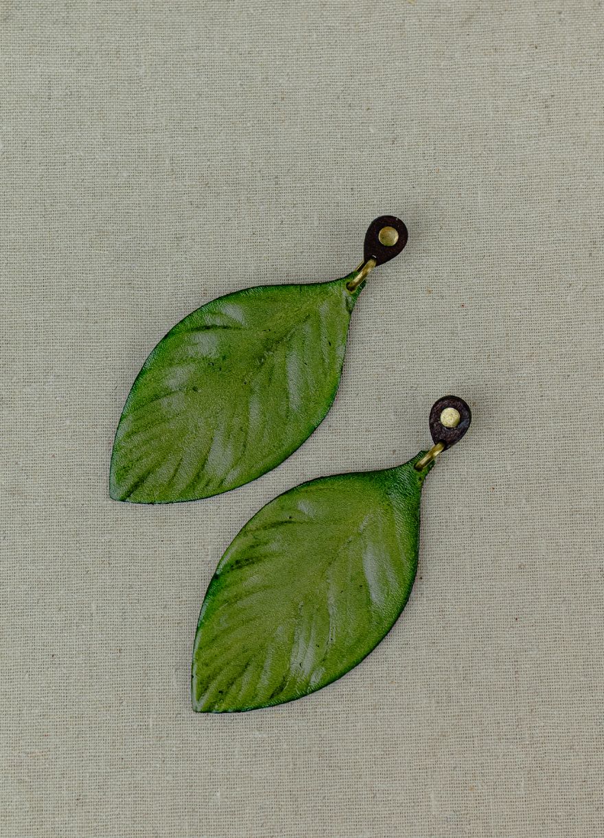 Painted Leaf Leather Drop Earrings — Grass Green