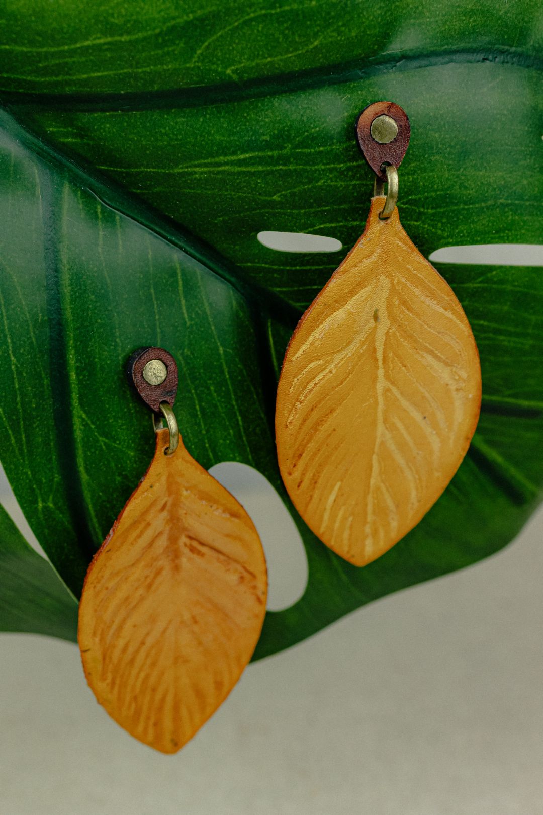 Painted Leaf Leather Drop Earrings — Mustard