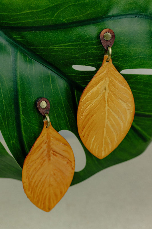 Painted Leaf Leather Drop Earrings — Mustard