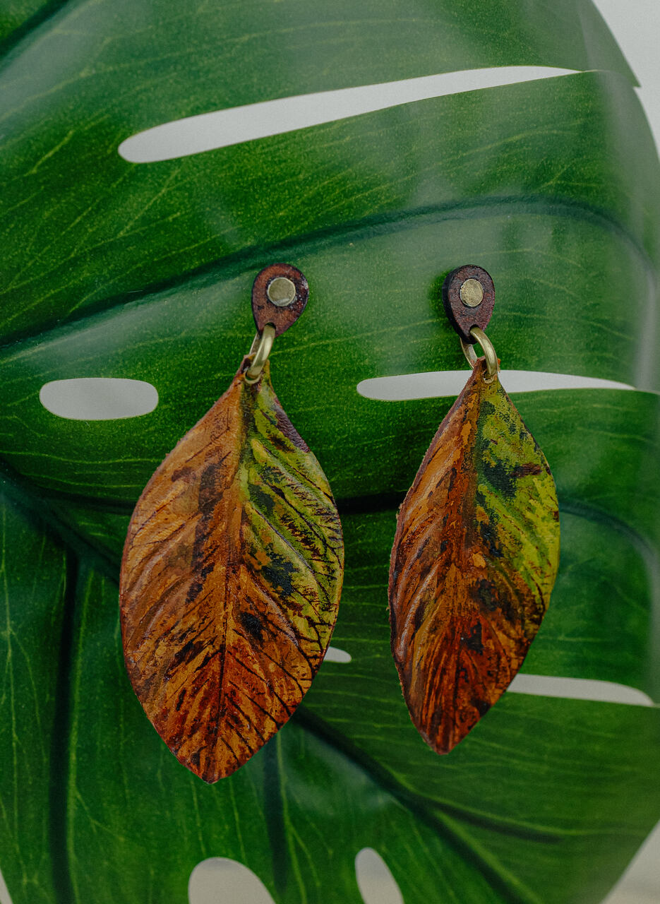 Painted Leaf Leather Drop Earrings, Autumn Mix