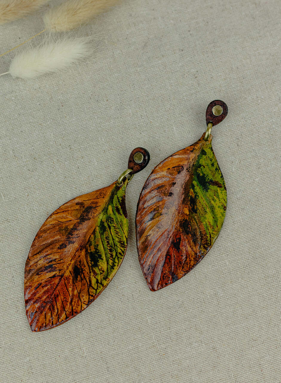 Painted Leaf Leather Drop Earrings, Autumn Mix