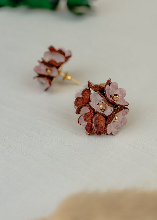 Cherry Blossom Leather Stud Earrings, Pink & Brown