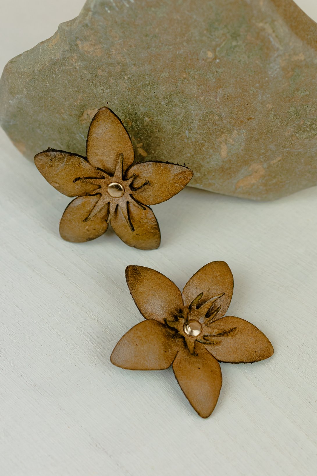 Star Petal Leather Stud Earrings, Brown
