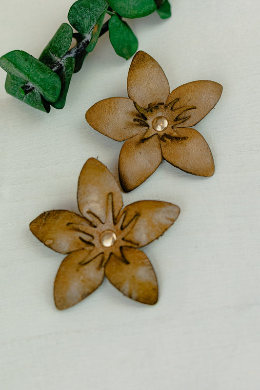 Star Petal Leather Stud Earrings, Brown