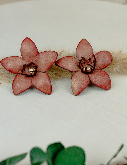Star Petal Leather Stud Earrings, Rose