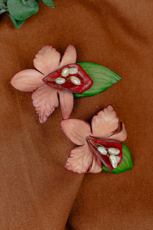 Cattleya Orchid & Baroque Pearl Leather Drop Earrings, Pink
