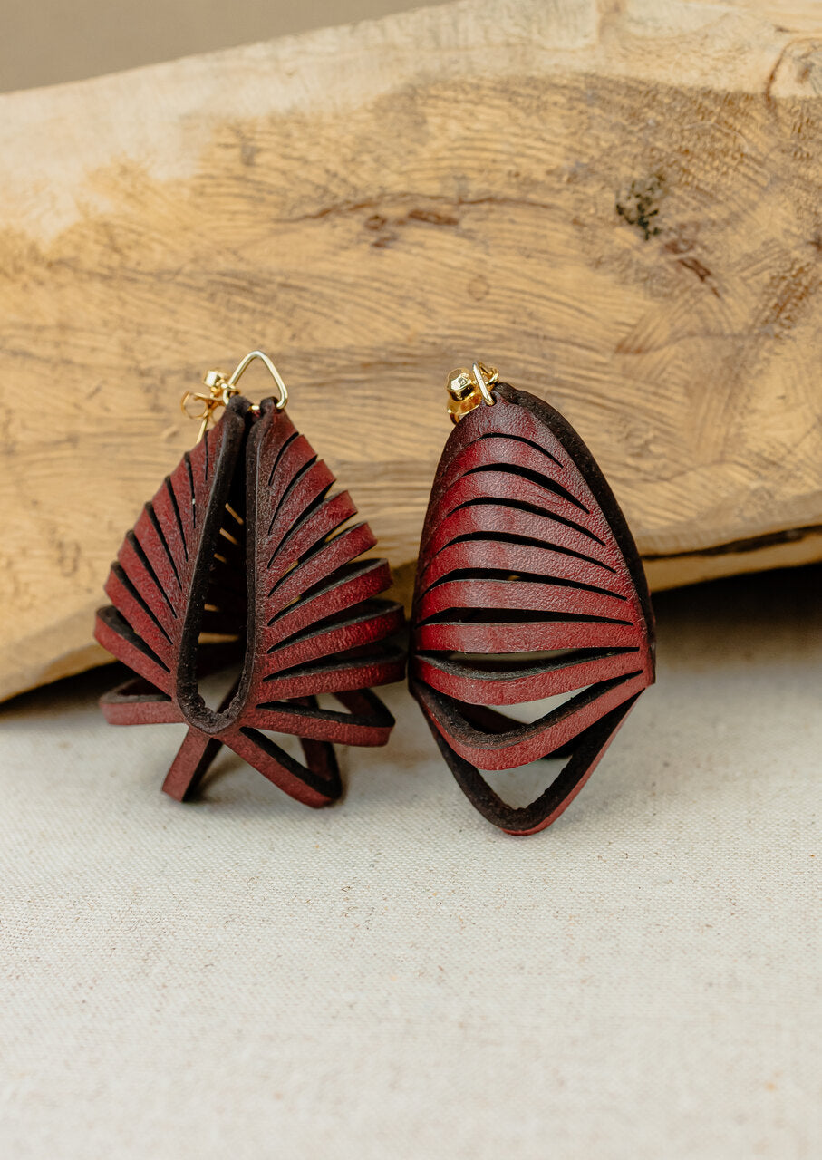 Fan Leaf Layered Leather Drop Earrings, Rust
