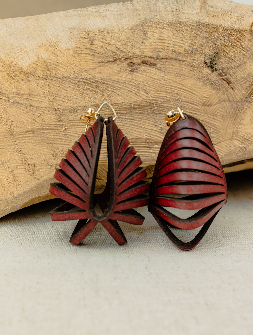 Fan Leaf Layered Leather Drop Earrings, Rust
