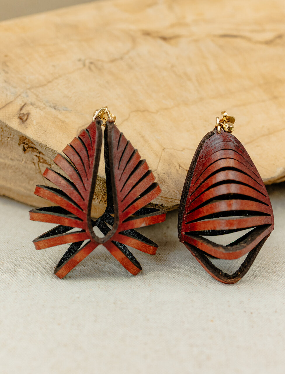 Fan Leaf Layered Leather Drop Earrings, Rust