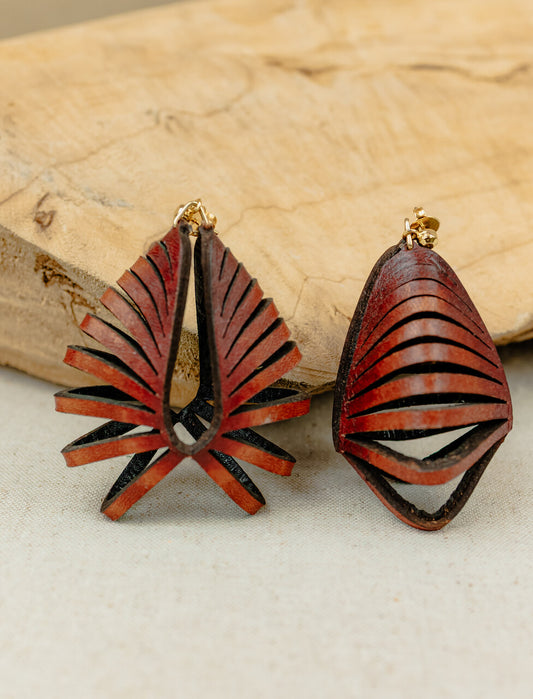 Fan Leaf Layered Leather Drop Earrings, Rust