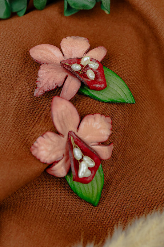 Cattleya Orchid & Baroque Pearl Leather Drop Earrings, Pink