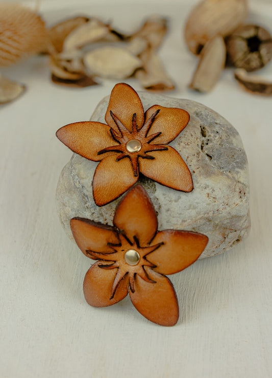 Star Petal Leather Stud Earrings, Caramel
