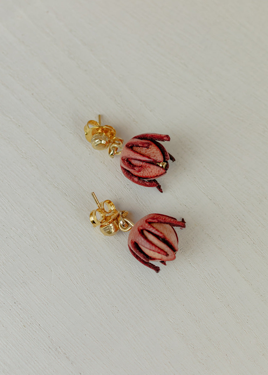 Rose Bud Leather Stud Earrings, Pink