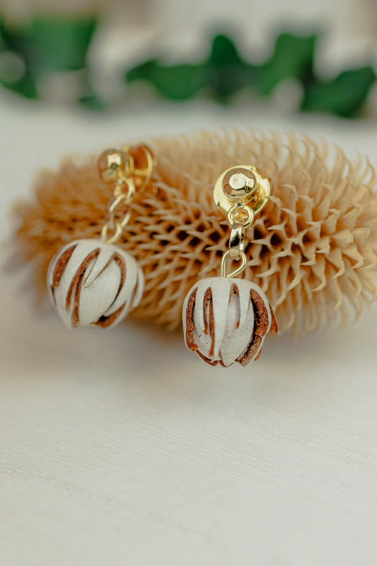 Rose Bud Leather Drop Earrings, Ivory