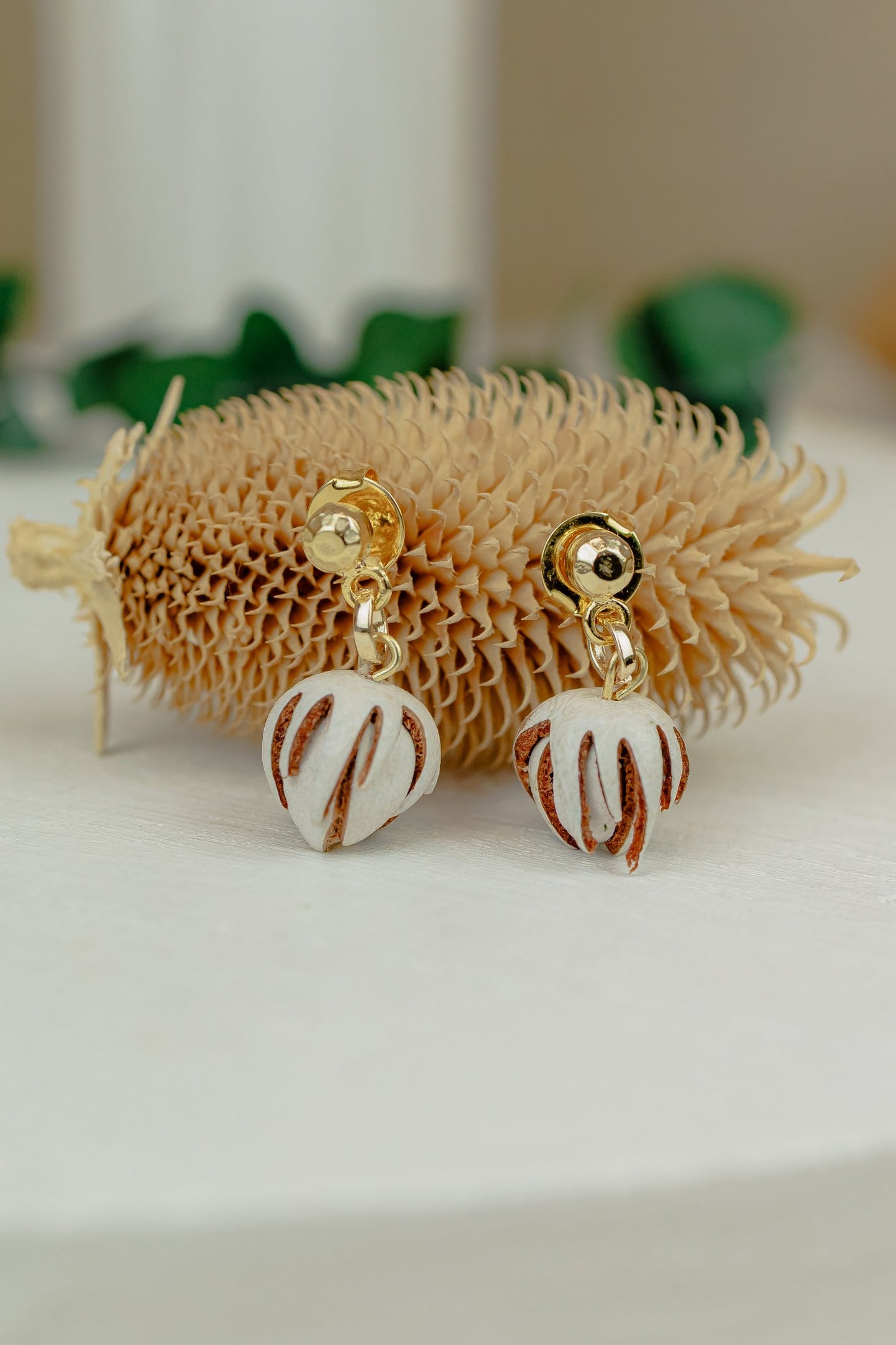 Rose Bud Leather Drop Earrings, Ivory