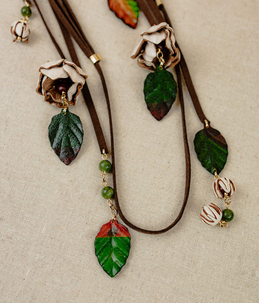 Rosebud & Leaf Long Leather Cord Necklace, Ivory & Green