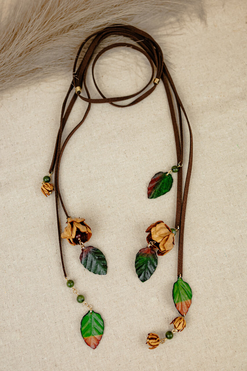 Rosebud & Leaf Long Leather Cord Necklace — Amber & Green