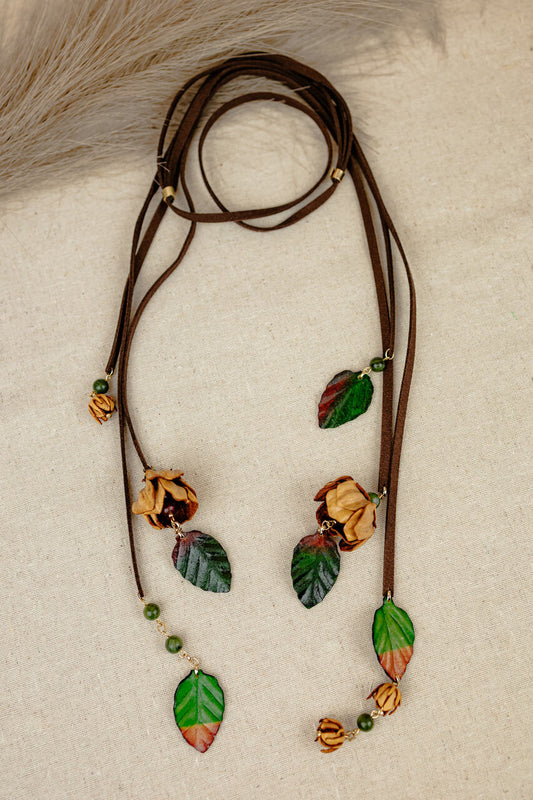 Rosebud & Leaf Long Leather Cord Necklace — Amber & Green