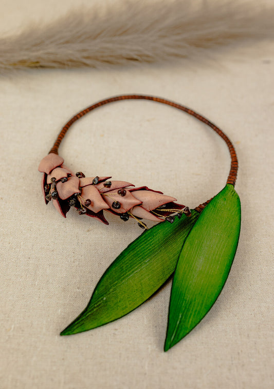 Heliconia & Leaf Seed Leather Necklace, Blush & Green