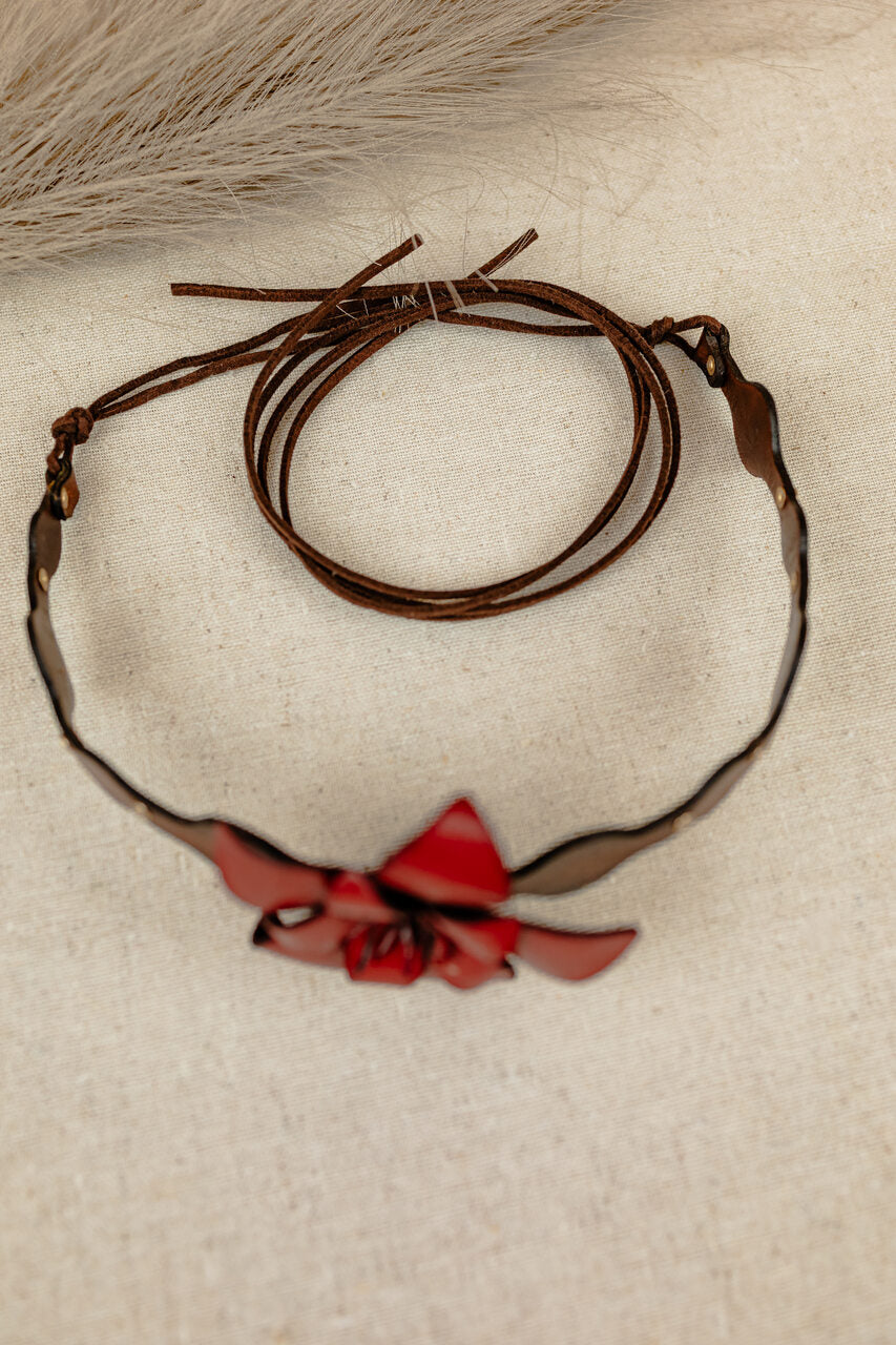 Star Flower Leather Choker Necklace, Red