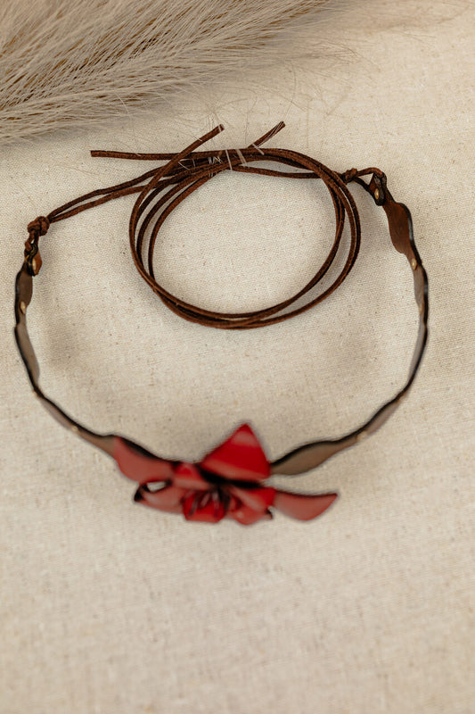 Star Flower Leather Choker Necklace, Red