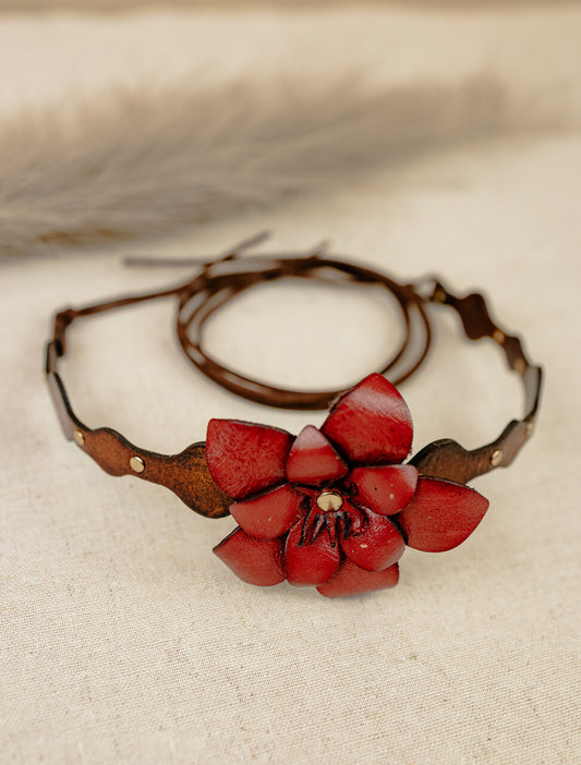 Star Flower Leather Choker Necklace, Red