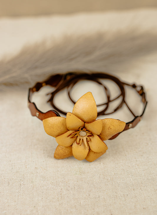 Star Flower Leather Choker Necklace, Mustard