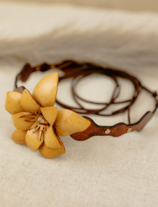 Star Flower Leather Choker Necklace, Mustard