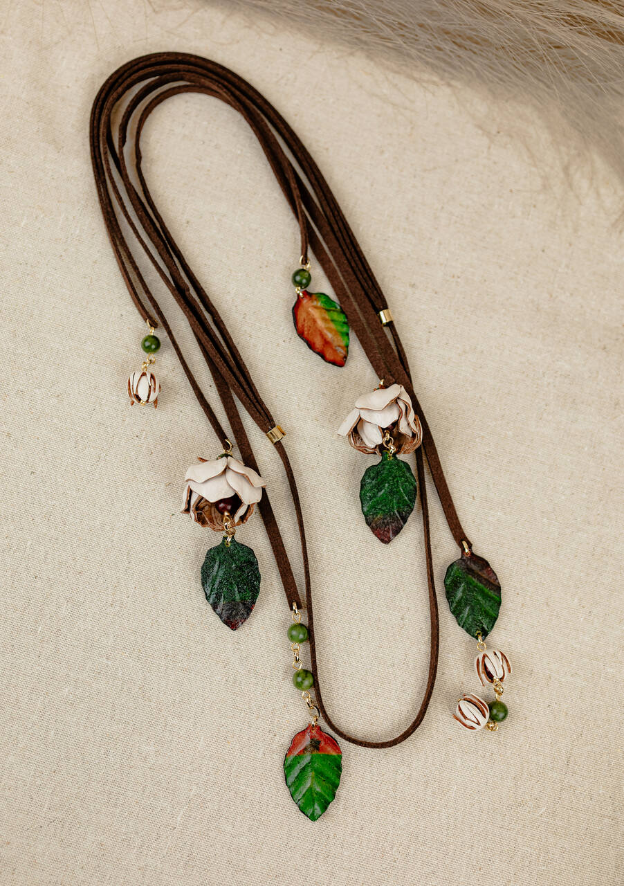 Rosebud & Leaf Long Leather Cord Necklace, Ivory & Green