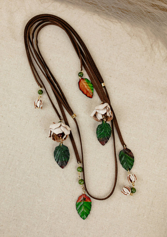 Rosebud & Leaf Long Leather Cord Necklace, Ivory & Green