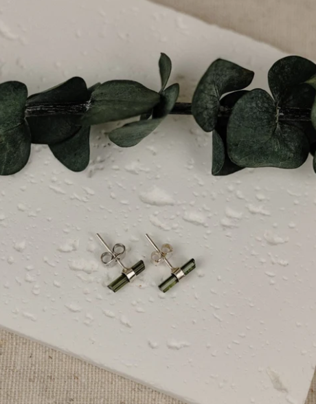 Raw Green Tourmaline 925 Sterling Silver Column Stud Earrings