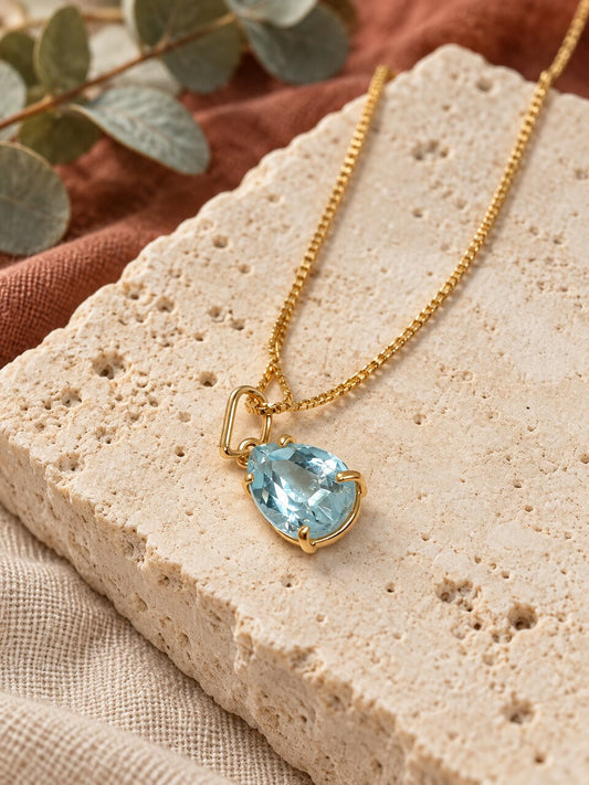 Faceted Aquamarine 18k Gold Vermeil Pear Pendant Necklace, Sky Blue